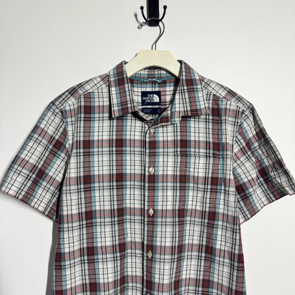 The North Face Mens Plaid Short Sleeve Button Down Shirt Blue Red White Plaid L